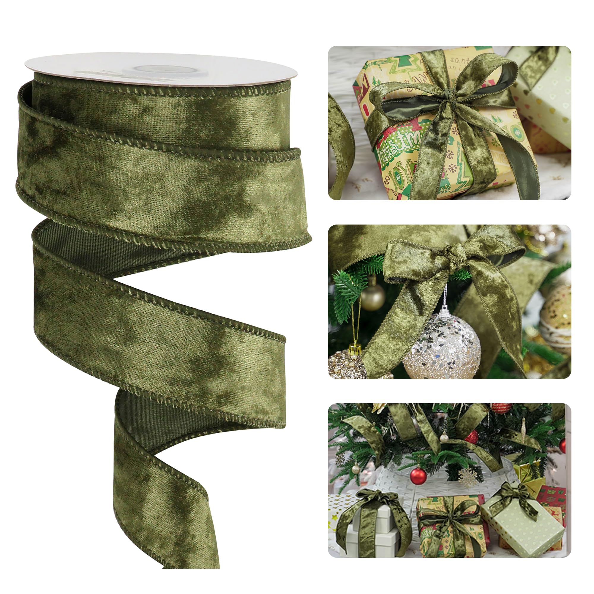 HUIHUANG Velvet Wired Ribbon 1-1/2 inch, Olive Green Velvet Ribbon for Gift Wrapping, Christmas Tree, Bows, Wreaths, Garland, Wedding Decor, Home Decor, Crafts-Continuous 10 Yards/Roll