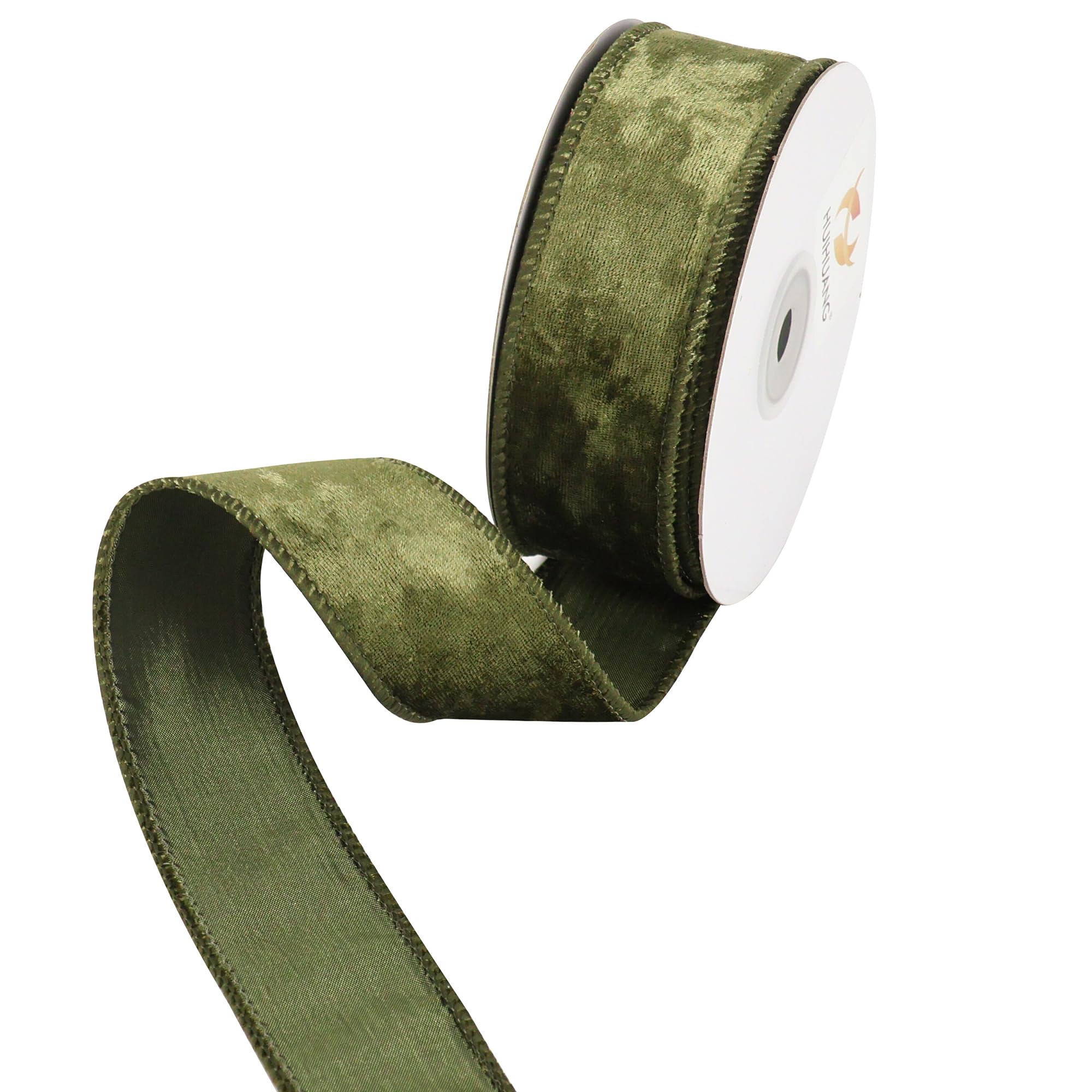 HUIHUANG Velvet Wired Ribbon 1-1/2 inch, Olive Green Velvet Ribbon for Gift Wrapping, Christmas Tree, Bows, Wreaths, Garland, Wedding Decor, Home Decor, Crafts-Continuous 10 Yards/Roll