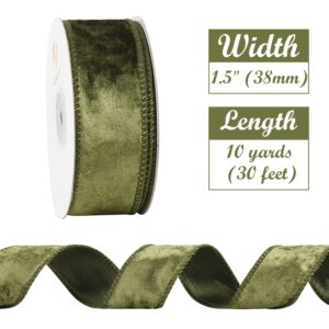 HUIHUANG Velvet Wired Ribbon 1-1/2 inch, Olive Green Velvet Ribbon for Gift Wrapping, Christmas Tree, Bows, Wreaths, Garland, Wedding Decor, Home Decor, Crafts-Continuous 10 Yards/Roll