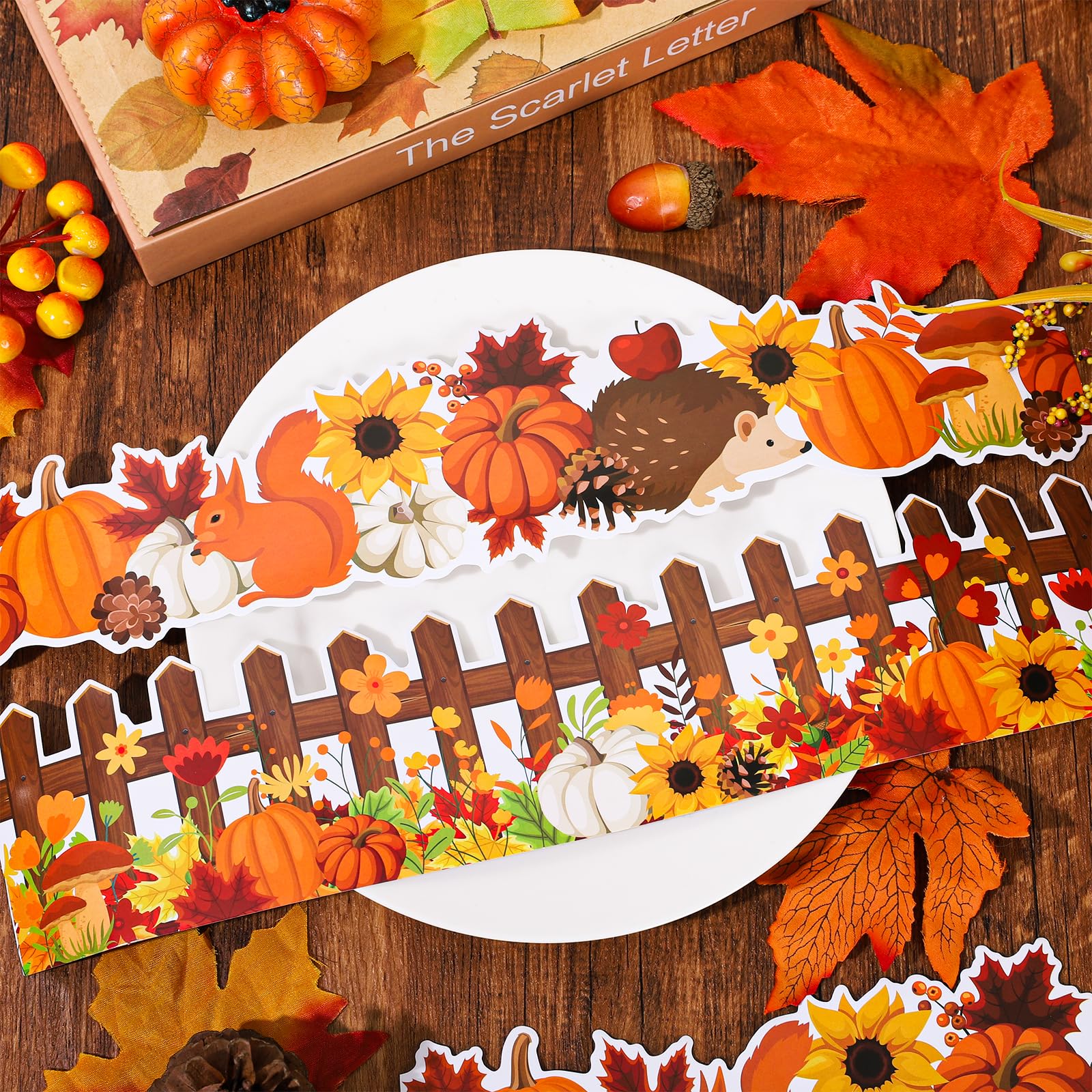 Whaline 69FT Fall Bulletin Board Borders Autumn Fence Flower Border Trim Self-Adhesive Pumpkin Fall Leaves Squirrel Hedgehog Board Decal Stickers for School Classroom Wall Thanksgiving Decor