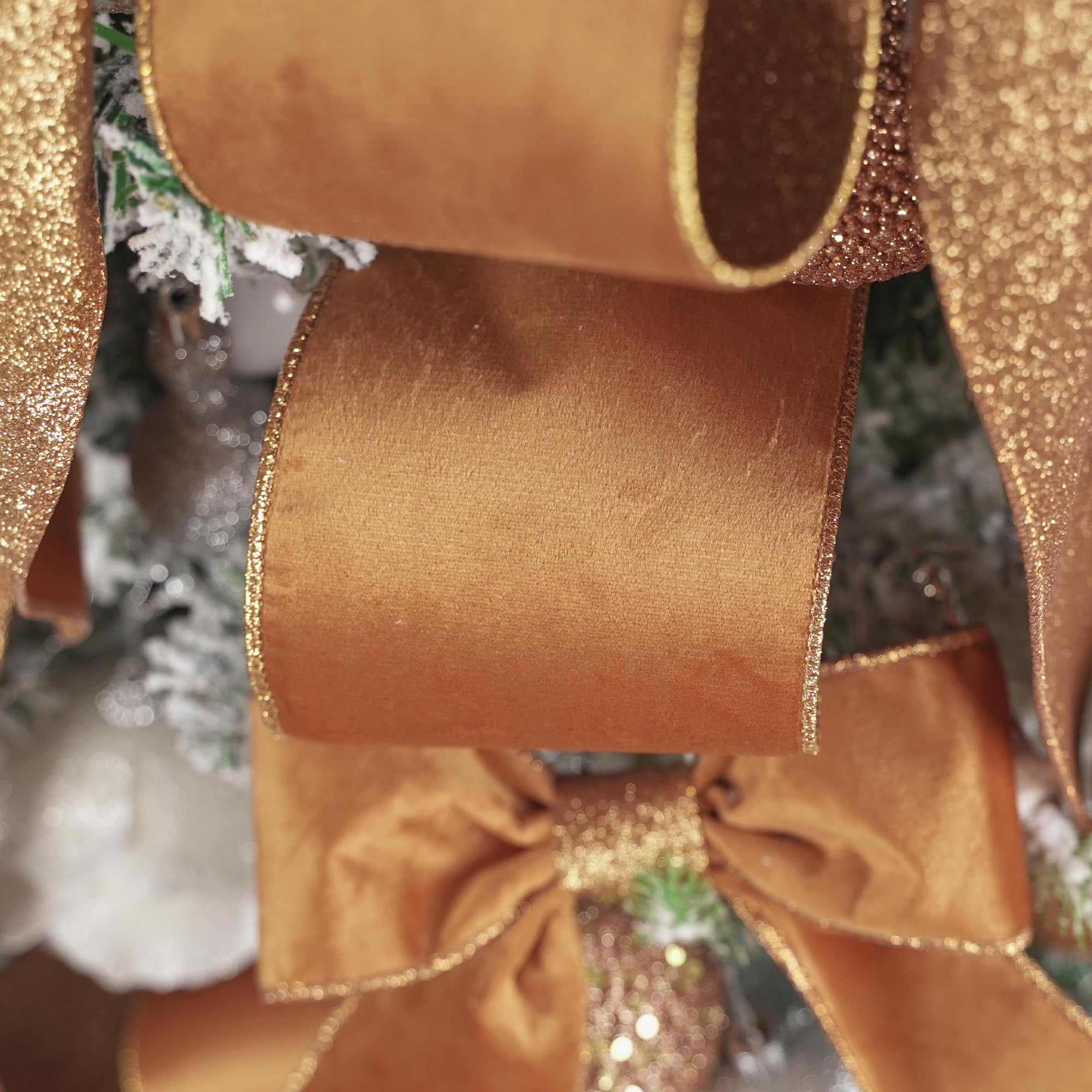 HUIHUANG Velvet Wired Ribbon 4 inch Copper Christmas Tree Ribbon Double-sided Glitter Copper Wire Ribbon for Christmas Tree, Wreaths, Tree Top Bows, Garland, Home Decor-10 Yards