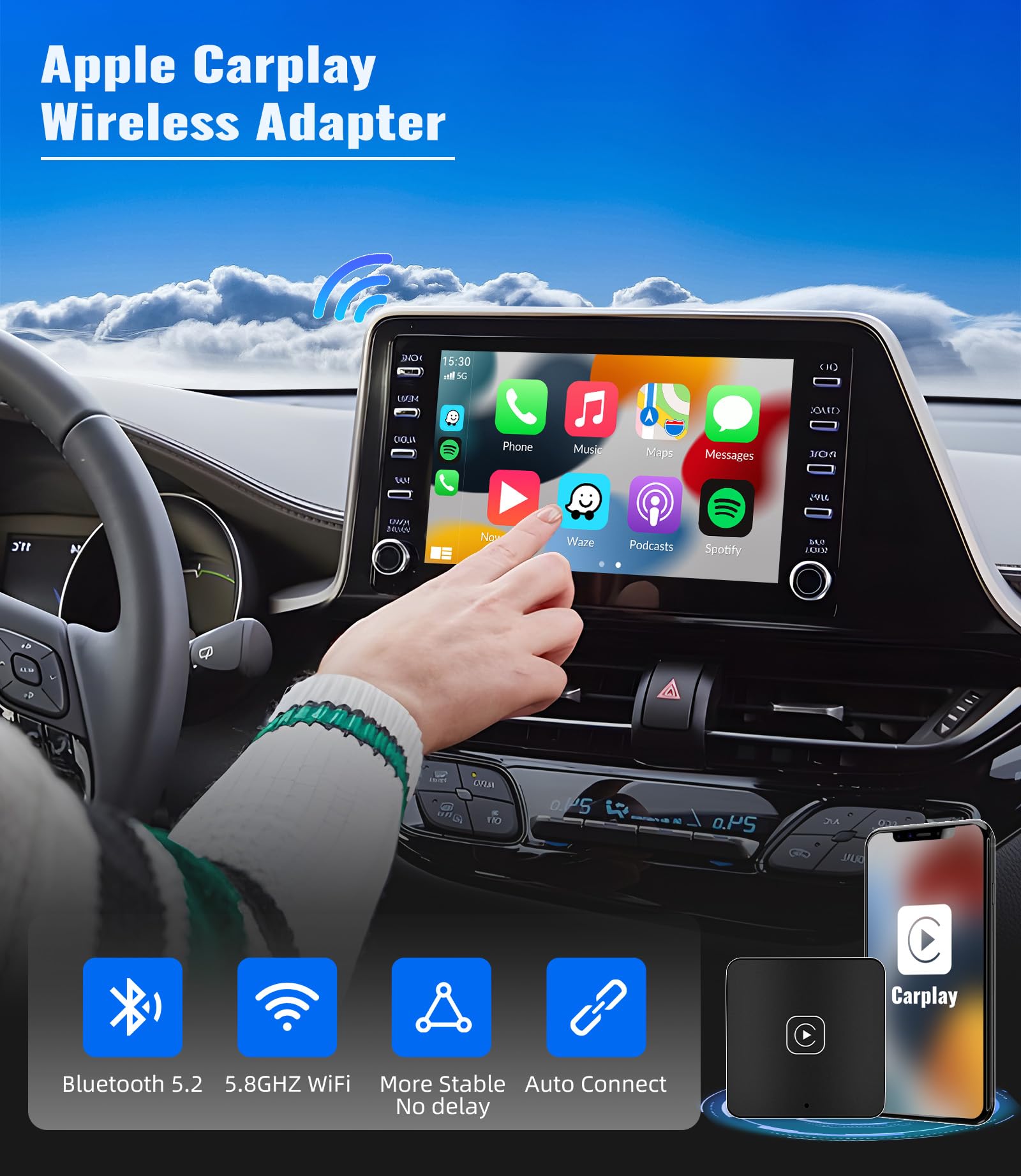 CAMECHO Wireless CarPlay Adapter for All Factory Wired CarPlay, Apple Carplay Wireless Dongle, Carplay Wireless Adapter for iPhone, 5Ghz WiFi, Plug & Play, Auto Connect, Carplay Box