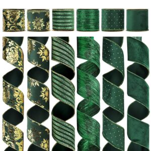 HUIHUANG Green Velvet Christmas Ribbons - Wired for Trees, Wreaths, Garlands, Bows - 2-1/2" x 6 Rolls, 36 Yds Total