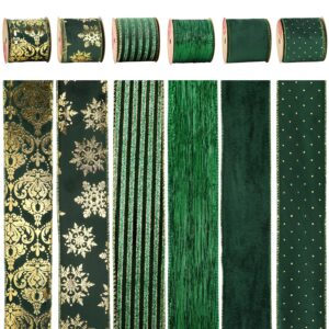 HUIHUANG Green Velvet Christmas Ribbons - Wired for Trees, Wreaths, Garlands, Bows - 2-1/2" x 6 Rolls, 36 Yds Total