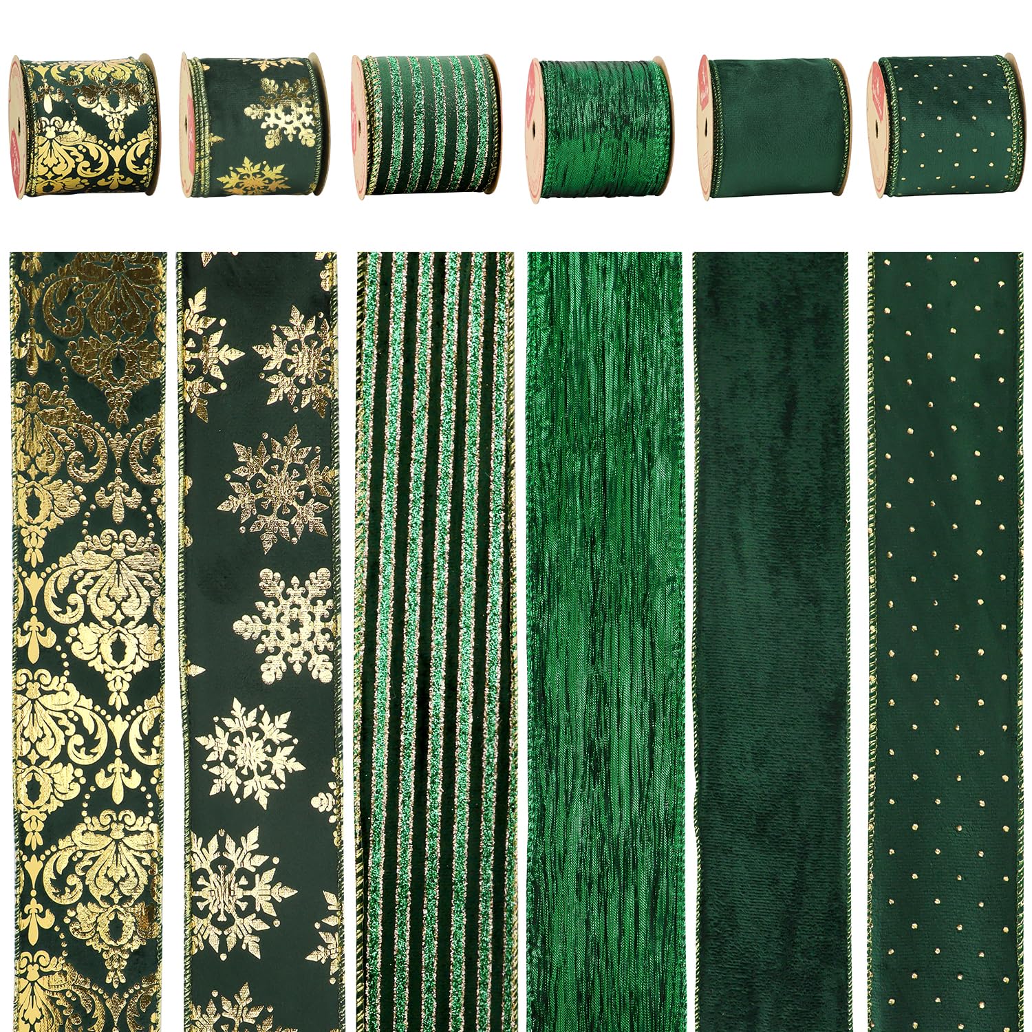 HUIHUANG Green Velvet Christmas Ribbons - Wired for Trees, Wreaths, Garlands, Bows - 2-1/2" x 6 Rolls, 36 Yds Total