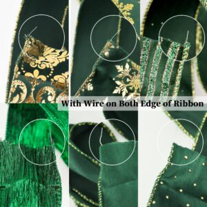 HUIHUANG Green Velvet Christmas Ribbons - Wired for Trees, Wreaths, Garlands, Bows - 2-1/2" x 6 Rolls, 36 Yds Total