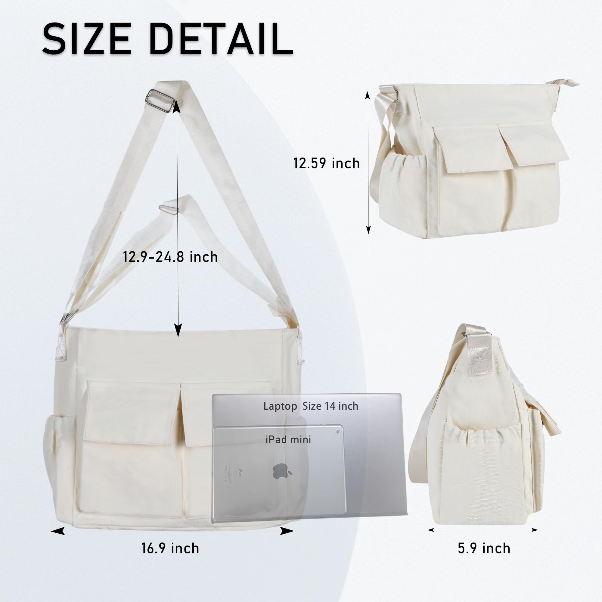 Canvas Messenger Bag Crossbody Shoulder Bag for Men and Women Vintage Tote Laptop Bag Large Hobo Bag with Multiple Pockets (Off-White)