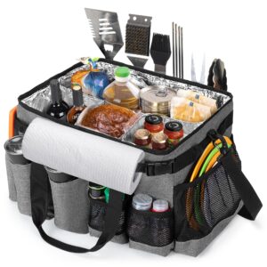 hodrant large grill utensil caddy with paper towel holder, outdoor picnic bag organizer for bbq supplies tool, tailgating accessory basket camping gear must haves for cook essentials, gray, bag only