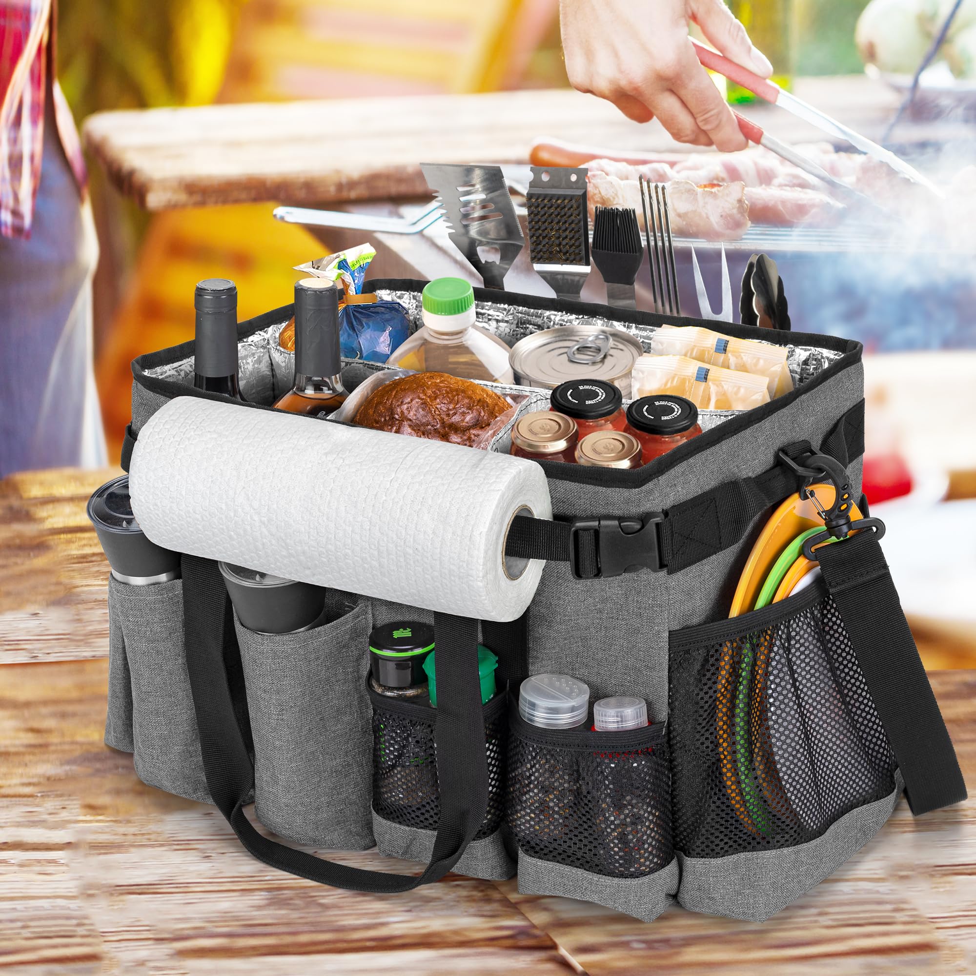 HODRANT Large Grill Utensil Caddy with Paper Towel Holder, Outdoor Picnic Bag Organizer for BBQ Supplies Tool, Tailgating Accessory Basket Camping Gear Must Haves for Cook Essentials, Gray, Bag Only