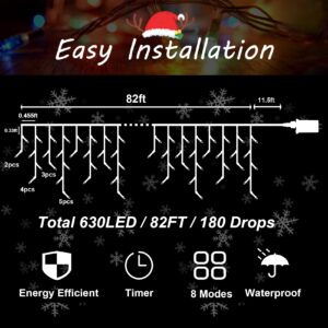 Christmas Lights Outdoor Decorations, 82FT 180 Drops Curtain Fairy String Lights Decor, 8 Modes Plug in 630LED Waterproof Timer Memory Function for Christmas Holiday Wedding Party (Multicolor)