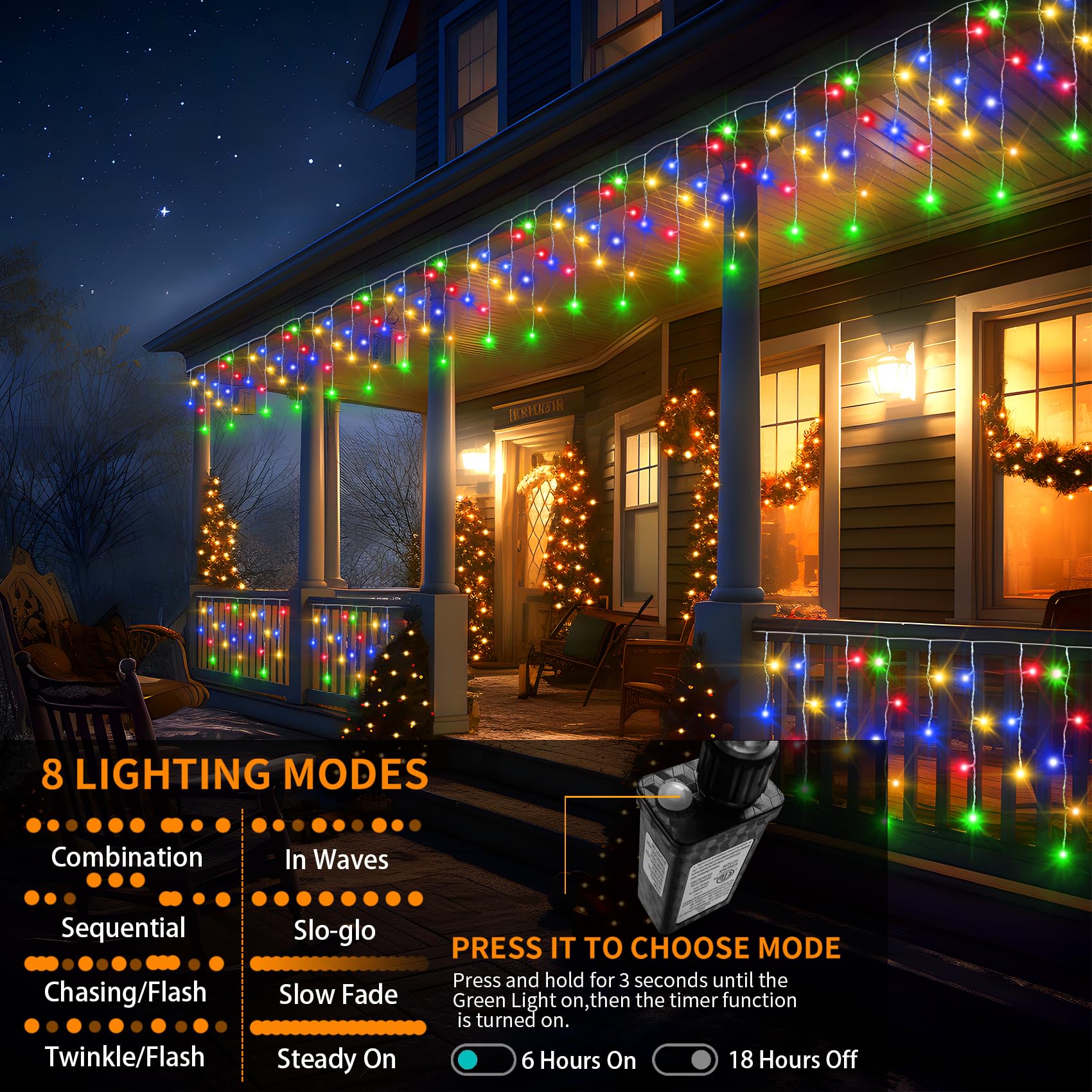 Christmas Lights Outdoor Decorations, 82FT 180 Drops Curtain Fairy String Lights Decor, 8 Modes Plug in 630LED Waterproof Timer Memory Function for Christmas Holiday Wedding Party (Multicolor)