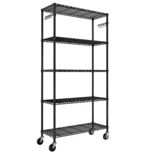 folews wire shelving unit with wheels, 14"x36"x75" heavy duty 5-tier storage shelves, metal shelf storage rack organizer, 350 lbs per shelf metal shelving for kitchen garage pantry, black