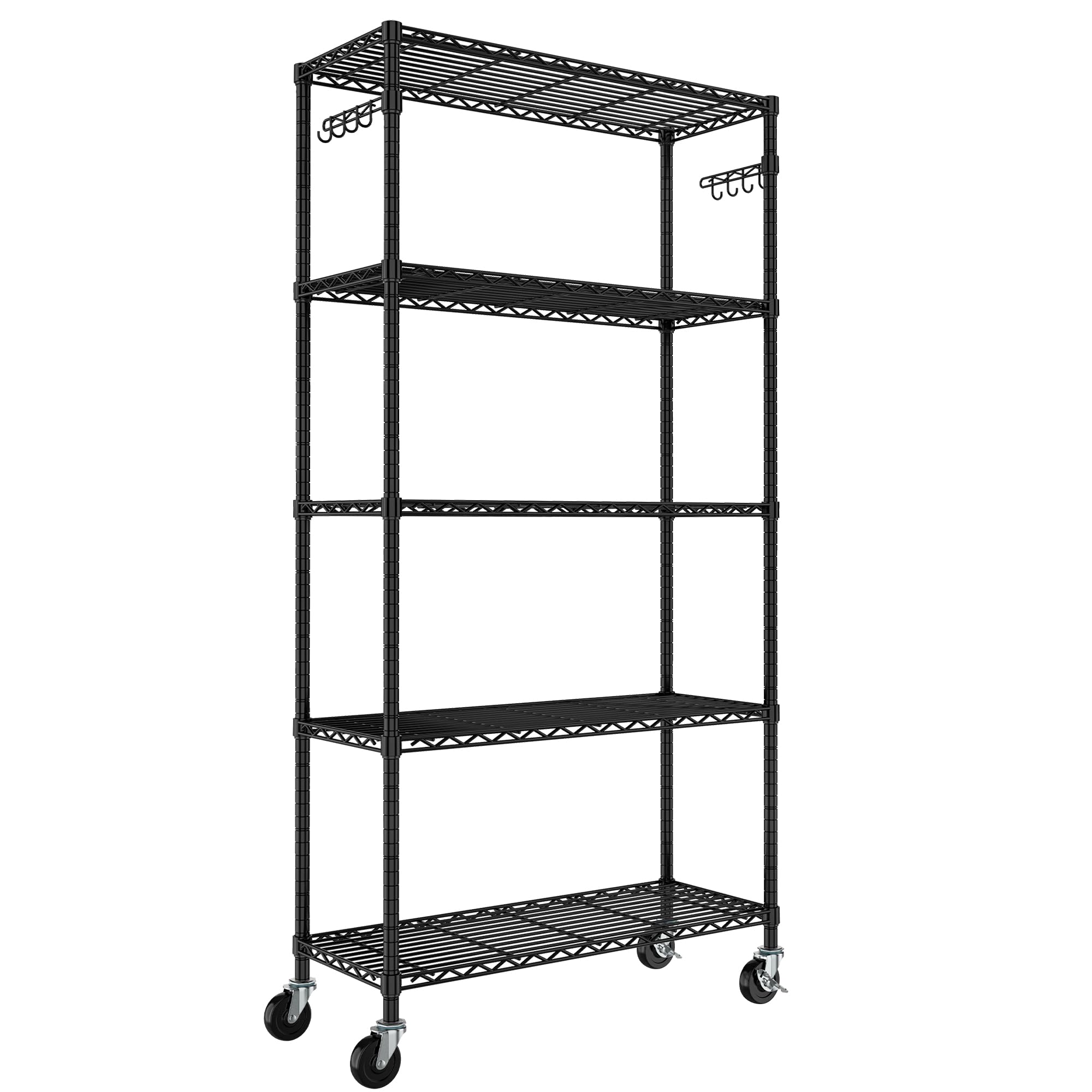 Folews Wire Shelving Unit with Wheels, 14"x36"x75" Heavy Duty 5-Tier Storage Shelves, Metal Shelf Storage Rack Organizer, 350 Lbs Per Shelf Metal Shelving for Kitchen Garage Pantry, Black