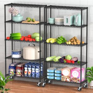 Folews Wire Shelving Unit with Wheels, 14"x36"x75" Heavy Duty 5-Tier Storage Shelves, Metal Shelf Storage Rack Organizer, 350 Lbs Per Shelf Metal Shelving for Kitchen Garage Pantry, Black