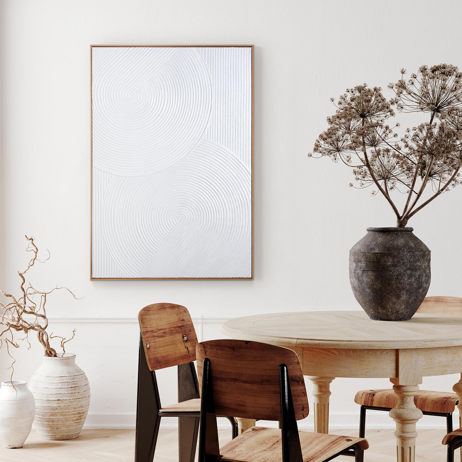 Zessonic Framed Abstract Wall Art for Living-room - Large White Geometric Line Spiral Abstract Hand-painting Artwork Minimalism Contemporary Nordic Boho Decorative for Living Room, Bedroom - 28"x 40"