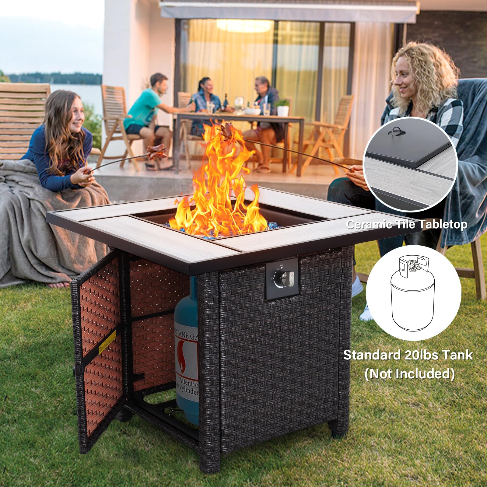 WAROOM Propane Fire Pit, 30 Inch Outdoor PE Wicker Gas Fire Pit Table with Fire Glass, and Waterproof Cover, for Parties and Gatherings on Patio Garden Backyard Porch