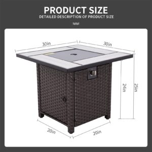 WAROOM Propane Fire Pit, 30 Inch Outdoor PE Wicker Gas Fire Pit Table with Fire Glass, and Waterproof Cover, for Parties and Gatherings on Patio Garden Backyard Porch