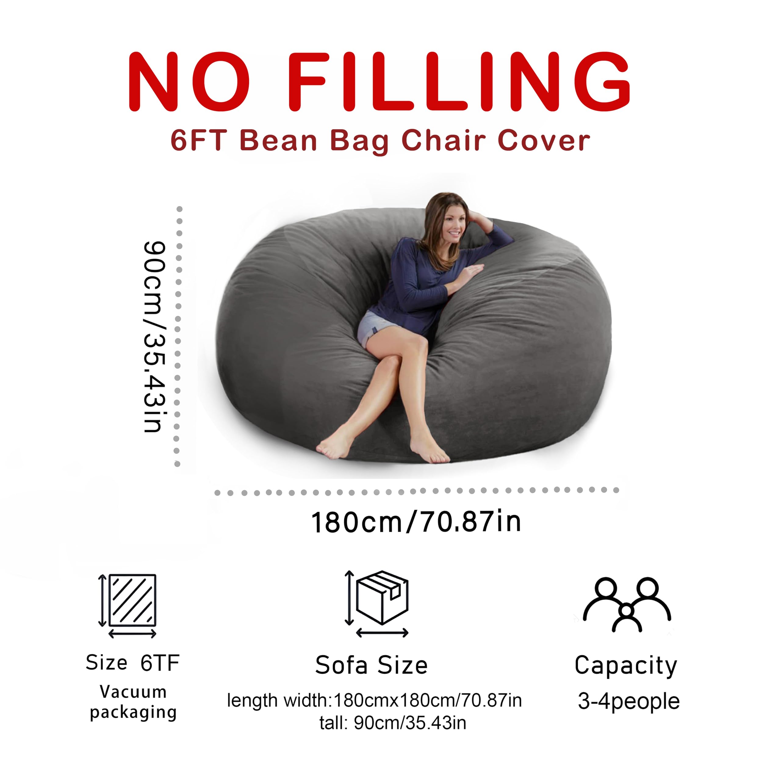 HOWSEESNOW 6FT Giant Bean Bag Chair Cover - Soft Fluffy Dutch Velvet Bean Bag Bed (No Filling, Cover Only), Comfy 6FT Bean Bag Cover, Oversized Lazy Sofa Cover