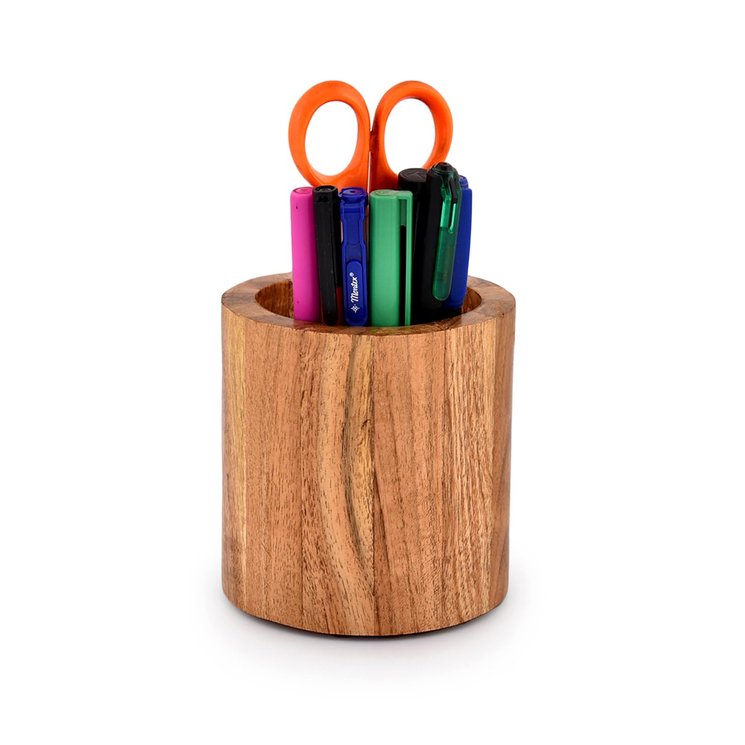 NIRMAN Acacia Wood Pencil/Pen Holder for desk, Round Desktop Organizer for Desk Multi Purpose Use for Home School Office Supplies (4" x 4" x 4")