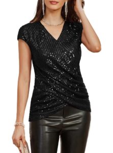 womens sequin sparkle top shimmer glitter club party cap sleeve wrap v-neck twist front tops plus size black xl