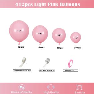 412pcs Pastel Pink Balloon Garland Arch Kit 18 12 10 5 Inch Different Sizes Light Pink Latex Balloons for Baby Shower Birthday Happy Gender Reveal Party Decoration