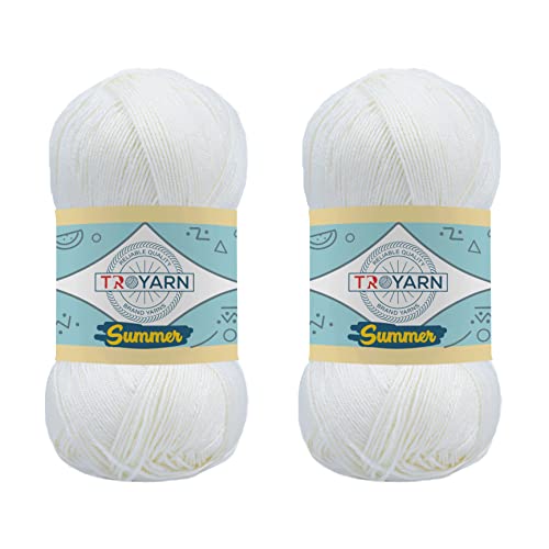 Troyarn Summer (2- Skeins Pack) Silk Effect Hand Knitting Yarn Crochet Art Lace Craft 100% Microfiber Acrylic 2x100 gr (2x383 yds) (1051055 - Sugar White)