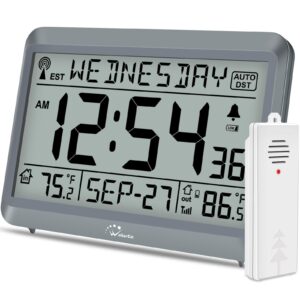 WallarGe Atomic Clock with Indoor Outdoor Temperature, Self-Setting Digital Wall Clock Battery Operated, 4 Time Zones, DST