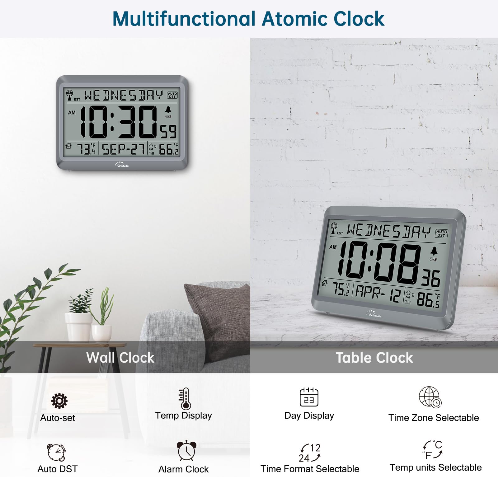 WallarGe Atomic Clock with Indoor Outdoor Temperature, Self-Setting Digital Wall Clock Battery Operated, 4 Time Zones, DST