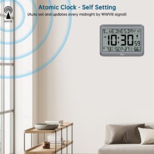 WallarGe Atomic Clock with Indoor Outdoor Temperature, Self-Setting Digital Wall Clock Battery Operated, 4 Time Zones, DST