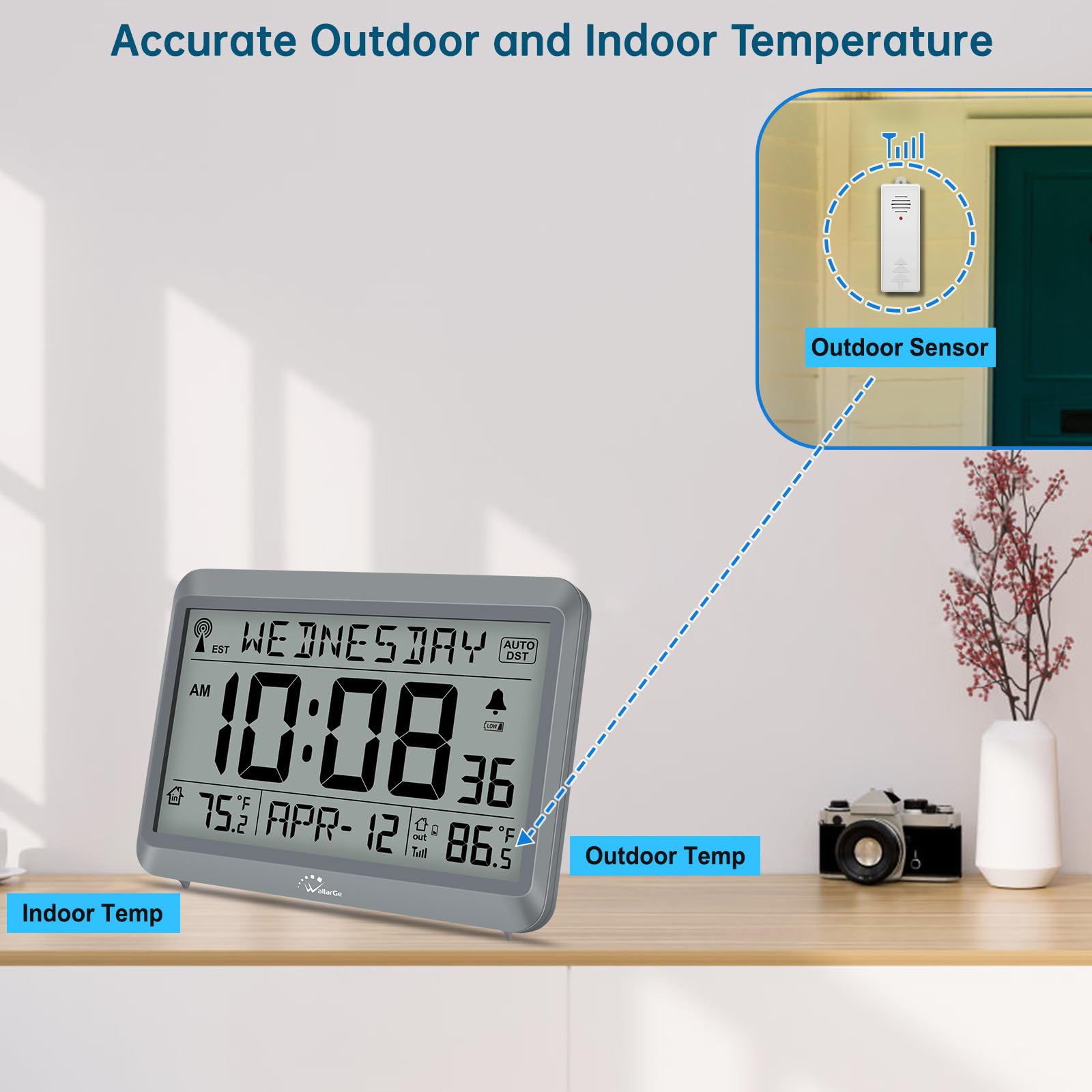 WallarGe Atomic Clock with Indoor Outdoor Temperature, Self-Setting Digital Wall Clock Battery Operated, 4 Time Zones, DST