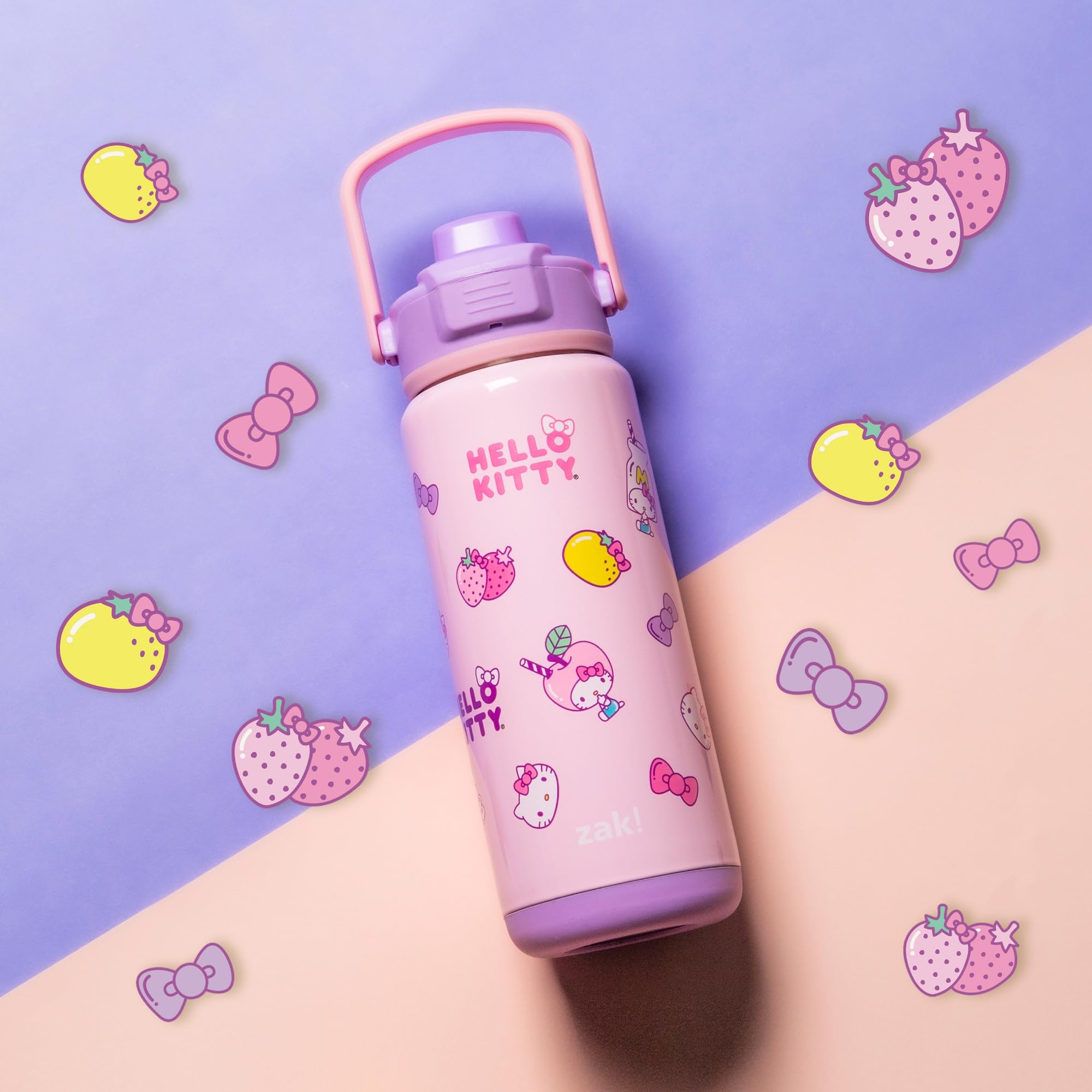 zak! Beacon Insulated Bottle, Hello Kitty - 20 oz - Durable Stainless Steel - Double-Wall Vacuum Insulation, Silicone Spout & Push-Button, Leak-Proof Lid - Dishwasher Safe