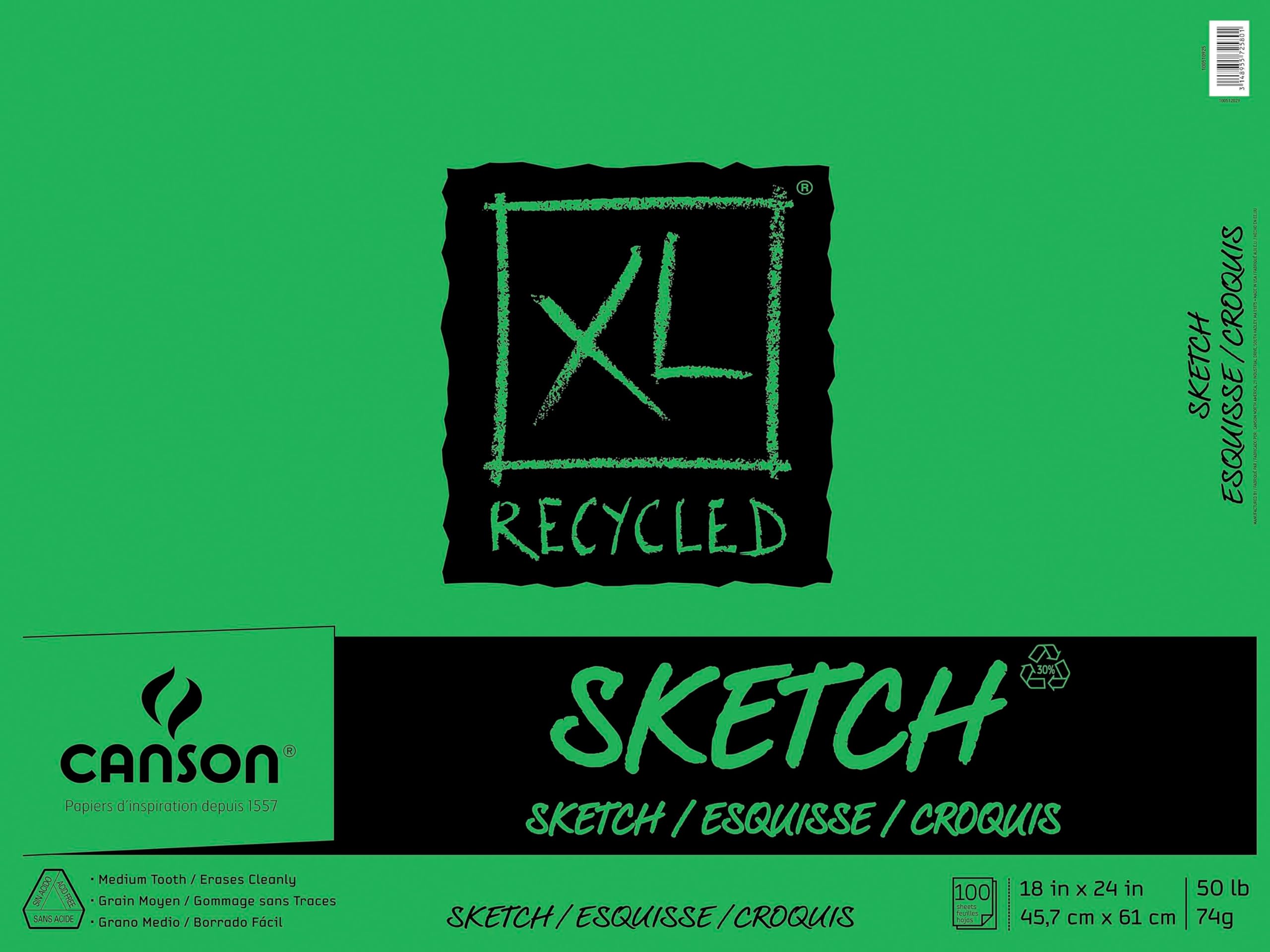 Canson XL Recycled Sketch Pad, 18 x 24 Inches, 50 lb, 100 Sheets