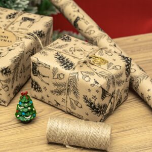 RUSPEPA Kraft Christmas Wrapping Paper Roll - Mini Roll - Black Reindeer Design for Holiday Gift Wrap - 17 Inches X 32.8 Feet