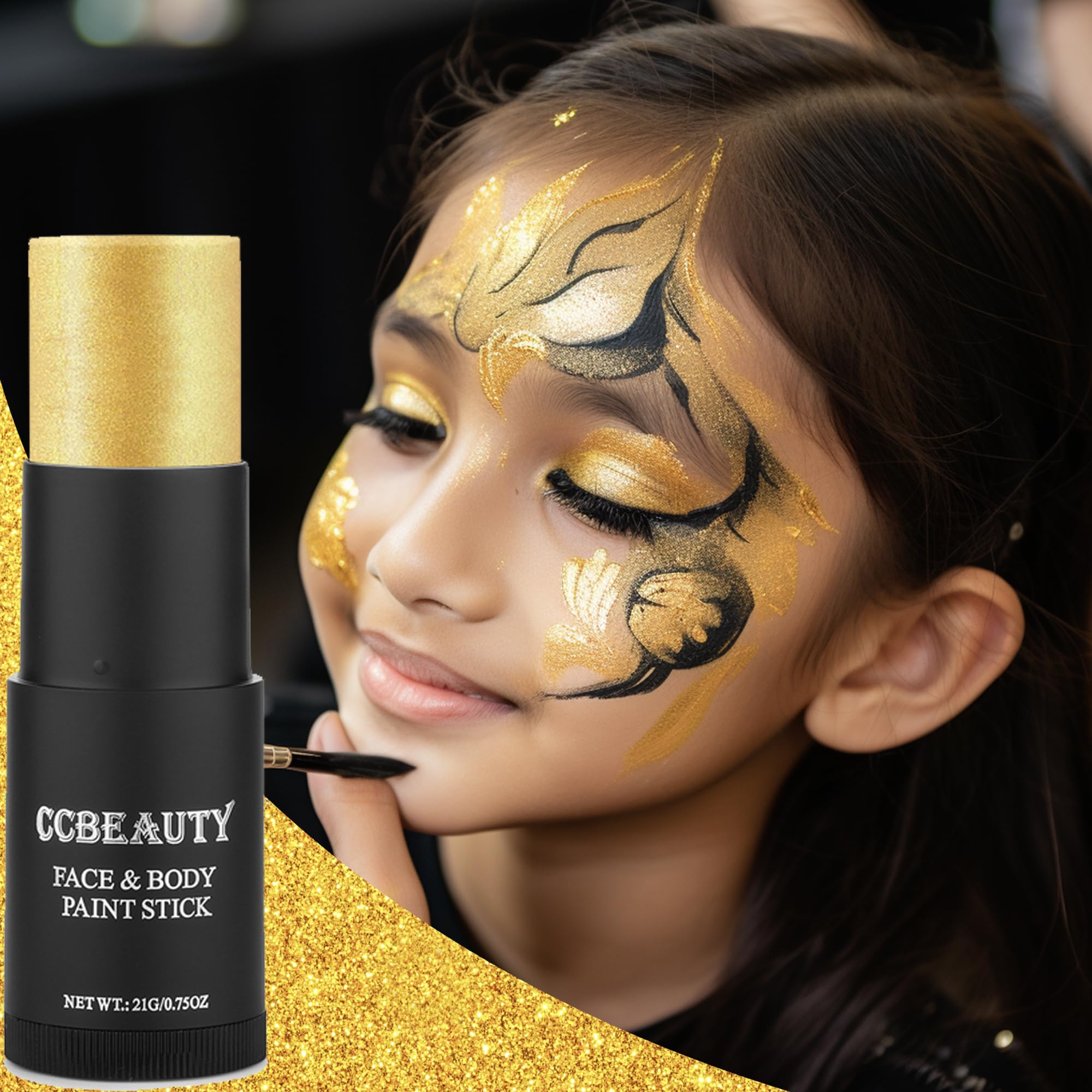 CCBeauty Metallic Gold Face Paint Stick, Cream Blendable Full Body Paint Sticks,Sweatproof Waterproof Hypoallergenic Eye Black Stick for Sports, Halloween Special Effects SFX Cosplay Parties