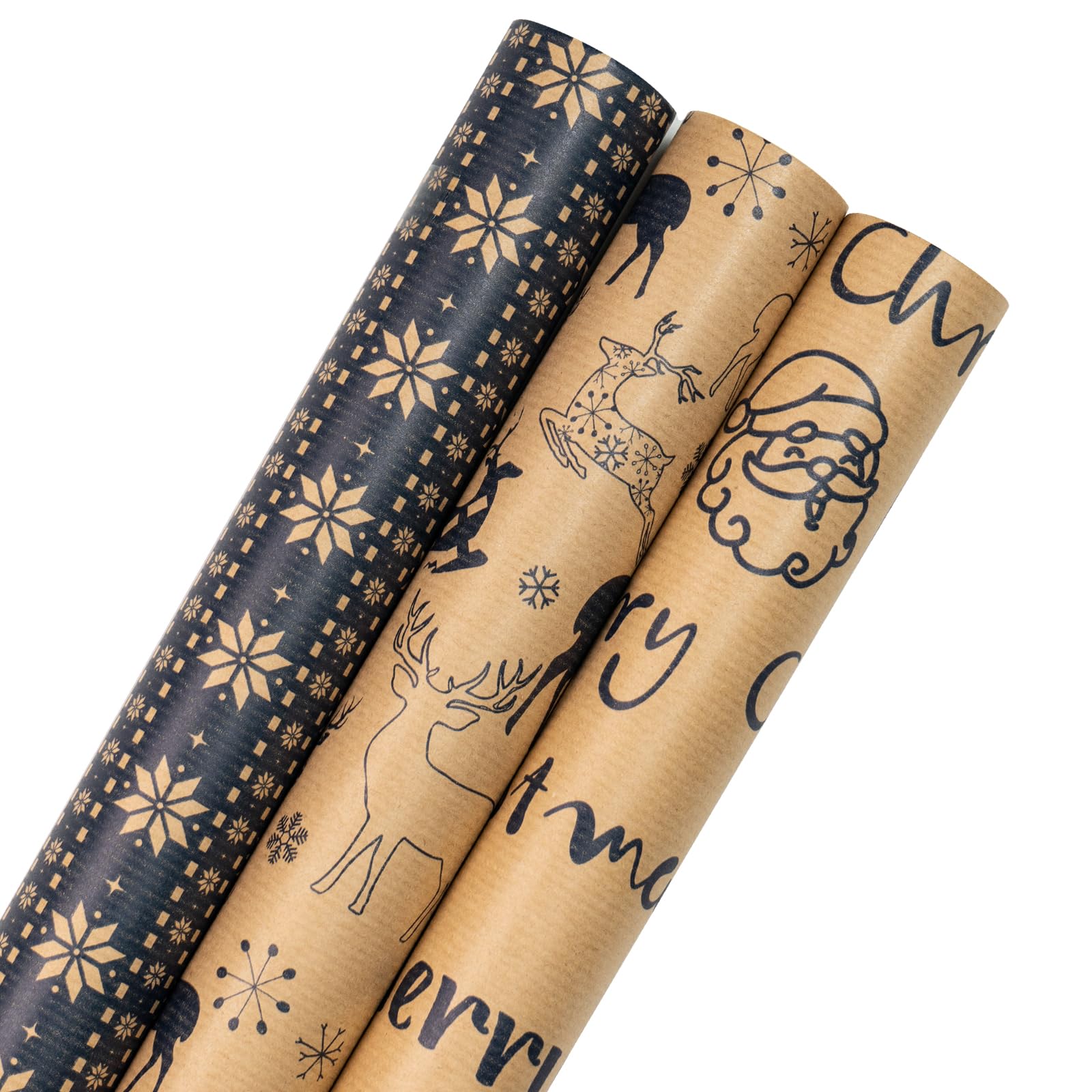 RUSPEPA Christmas Wrapping Paper Rolls - Mini Roll - 17 inches x 10 feet per Roll, Total of 3 Rolls - Reindeer and Snowflake