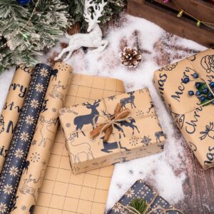 RUSPEPA Christmas Wrapping Paper Rolls - Mini Roll - 17 inches x 10 feet per Roll, Total of 3 Rolls - Reindeer and Snowflake