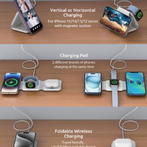 Foldable Wireless Charger, 3 in 1 Wireless Charging Station for iPhone 15/14/13/12/11 Pro Max/X/XS, Fast Magnetic Travel Wireless Charging Pad for AirPods 3/2/Pro Apple Watch