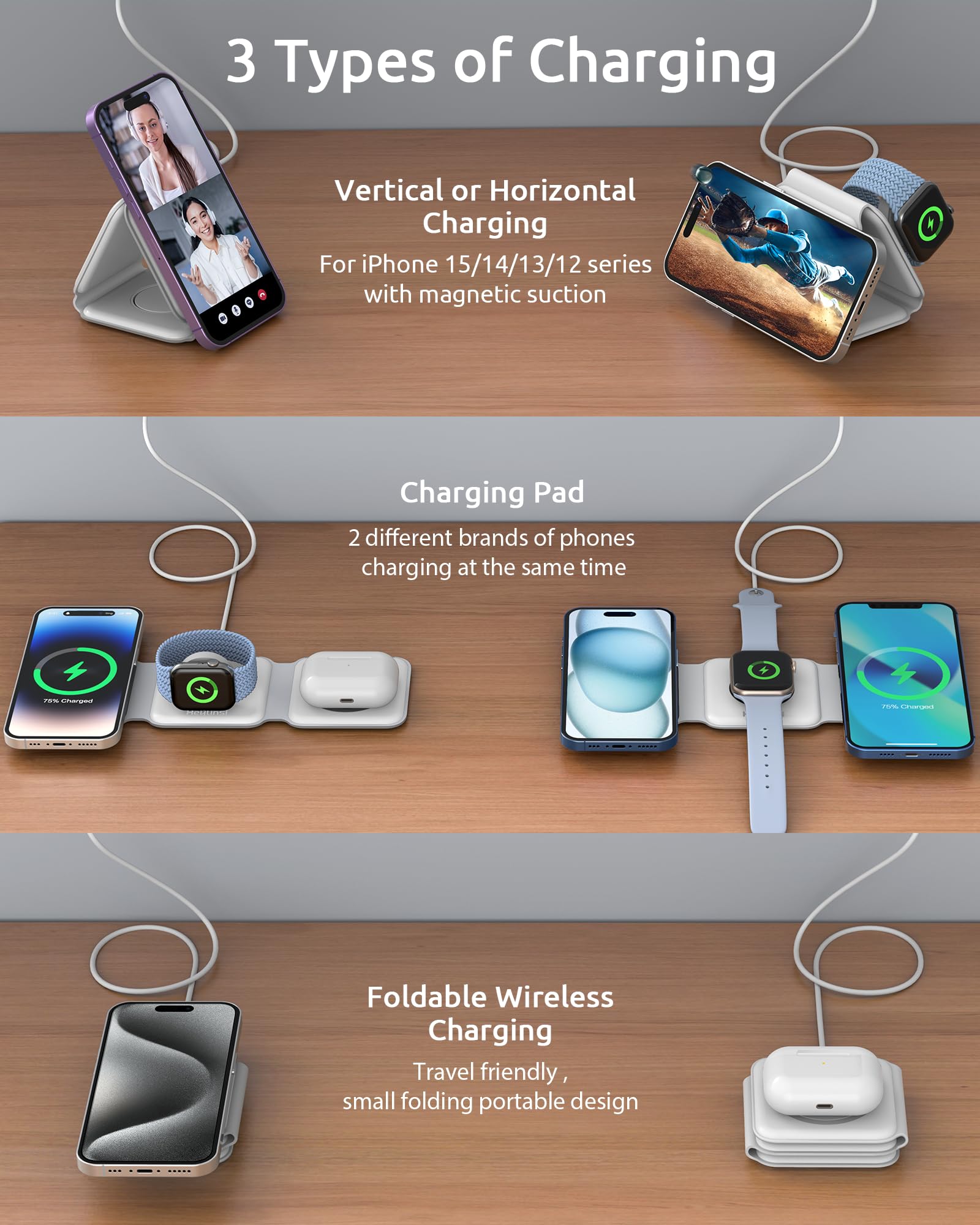 Foldable Wireless Charger, 3 in 1 Wireless Charging Station for iPhone 15/14/13/12/11 Pro Max/X/XS, Fast Magnetic Travel Wireless Charging Pad for AirPods 3/2/Pro Apple Watch