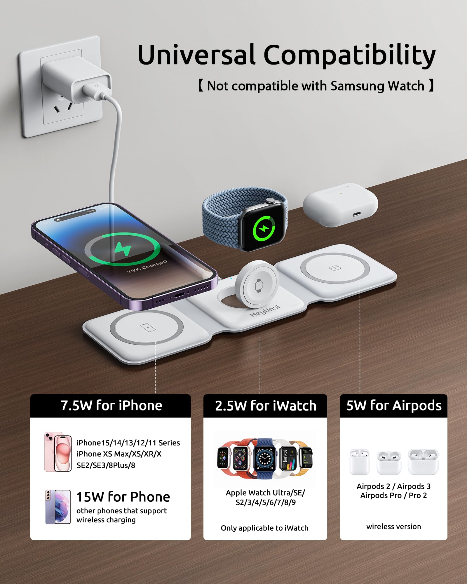 Foldable Wireless Charger, 3 in 1 Wireless Charging Station for iPhone 15/14/13/12/11 Pro Max/X/XS, Fast Magnetic Travel Wireless Charging Pad for AirPods 3/2/Pro Apple Watch