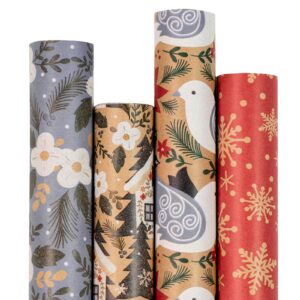 ruspepa christmas wrapping paper, kraft paper - dove, snowflake, flower, and house - 4 rolls - 30 inches x 10 feet per roll