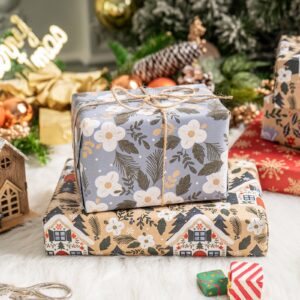 RUSPEPA Christmas Wrapping Paper, Kraft Paper - Dove, Snowflake, Flower, and House - 4 Rolls - 30 inches x 10 feet per Roll