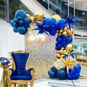 FROUFING Navy Blue Gold Balloon Garland Arch Kit 130PcS Royal Blue Gold Sand White Balloons with Starburst Balloons for birthday baby shower graduation 2024 New Year eve anniversary Decorations