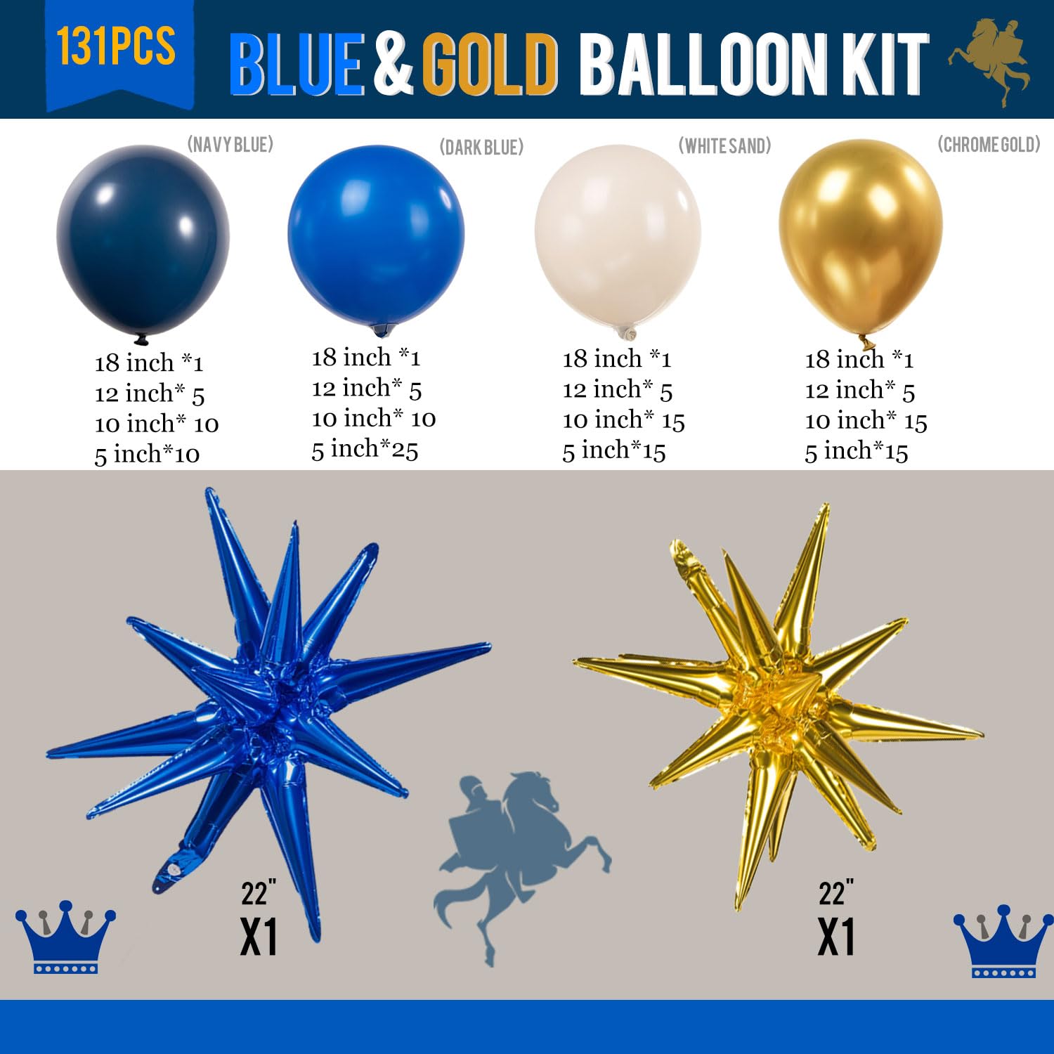 FROUFING Navy Blue Gold Balloon Garland Arch Kit 130PcS Royal Blue Gold Sand White Balloons with Starburst Balloons for birthday baby shower graduation 2024 New Year eve anniversary Decorations