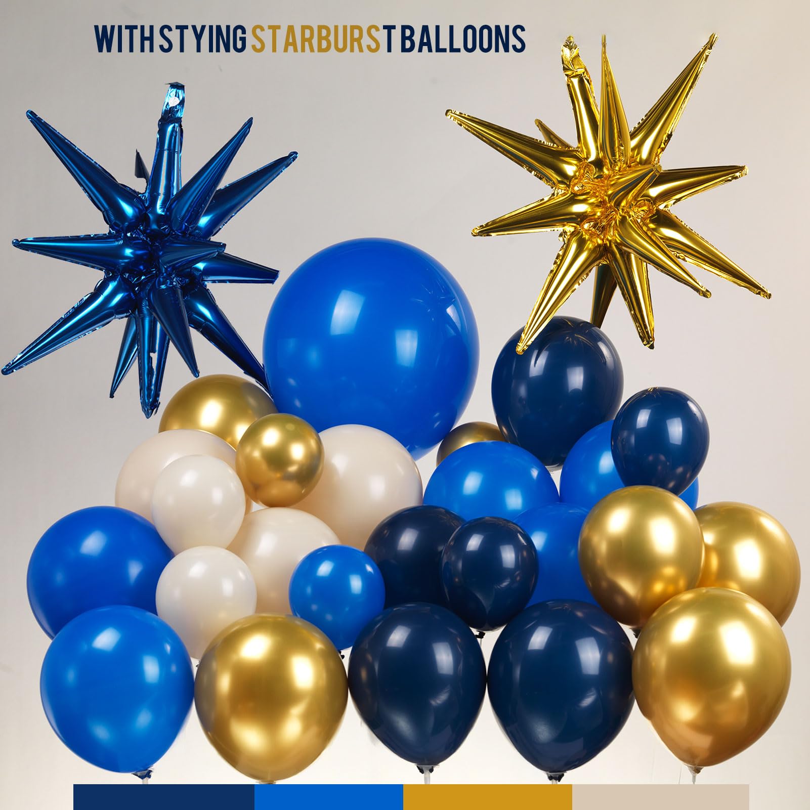 FROUFING Navy Blue Gold Balloon Garland Arch Kit 130PcS Royal Blue Gold Sand White Balloons with Starburst Balloons for birthday baby shower graduation 2024 New Year eve anniversary Decorations