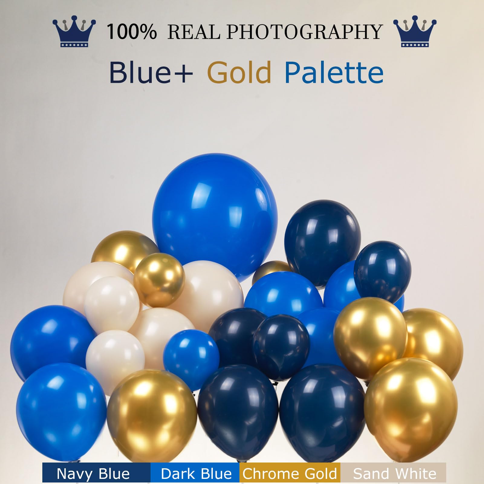 FROUFING Navy Blue Gold Balloon Garland Arch Kit 130PcS Royal Blue Gold Sand White Balloons with Starburst Balloons for birthday baby shower graduation 2024 New Year eve anniversary Decorations