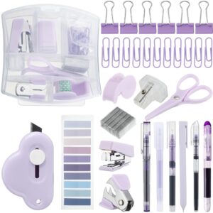 colarr mini office supply kit includes stapler tape dispenser staple remover paper clips scissor staples pen sharpener note small telescopic knife for office and school clerk student (purple)