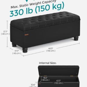 SONGMICS Storage Ottoman, Storage Bench, Tufted Entryway Bedroom Bench, 17.7 x 46.5 x 17.7 Inches, Hinges Easy Lid Operation, Wooden Legs, Synthetic Leather, Loads 330 lb, Classic Black ULOM071B01