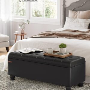 SONGMICS Storage Ottoman, Storage Bench, Tufted Entryway Bedroom Bench, 17.7 x 46.5 x 17.7 Inches, Hinges Easy Lid Operation, Wooden Legs, Synthetic Leather, Loads 330 lb, Classic Black ULOM071B01