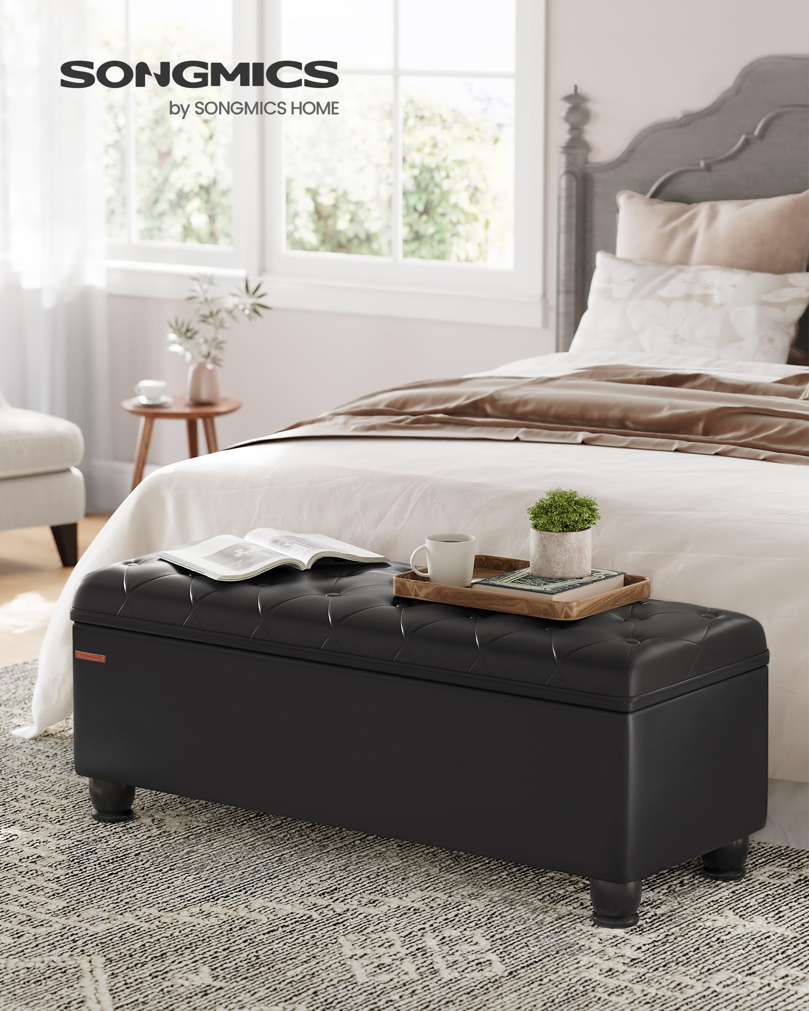 SONGMICS Storage Ottoman, Storage Bench, Tufted Entryway Bedroom Bench, 17.7 x 46.5 x 17.7 Inches, Hinges Easy Lid Operation, Wooden Legs, Synthetic Leather, Loads 330 lb, Classic Black ULOM071B01