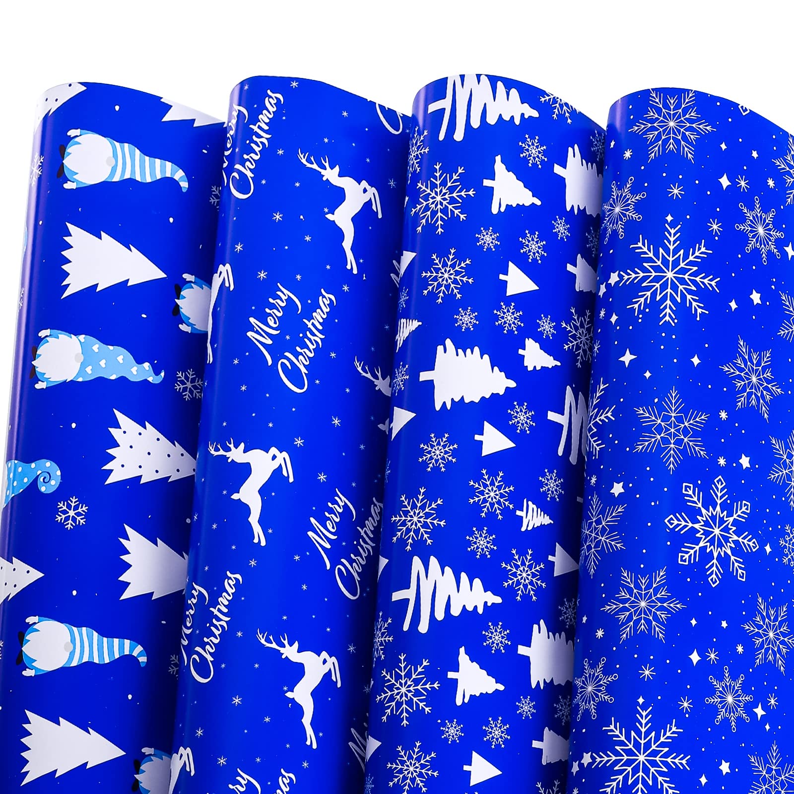 LeZakaa Christmas Gift Wrapping Paper - 12 Folded Sheet with 4 Different Christmas Design in Blue (Snowflake, Tree, Reindeer, Gnome) - 27.5 x 19.6 inches Per Sheet